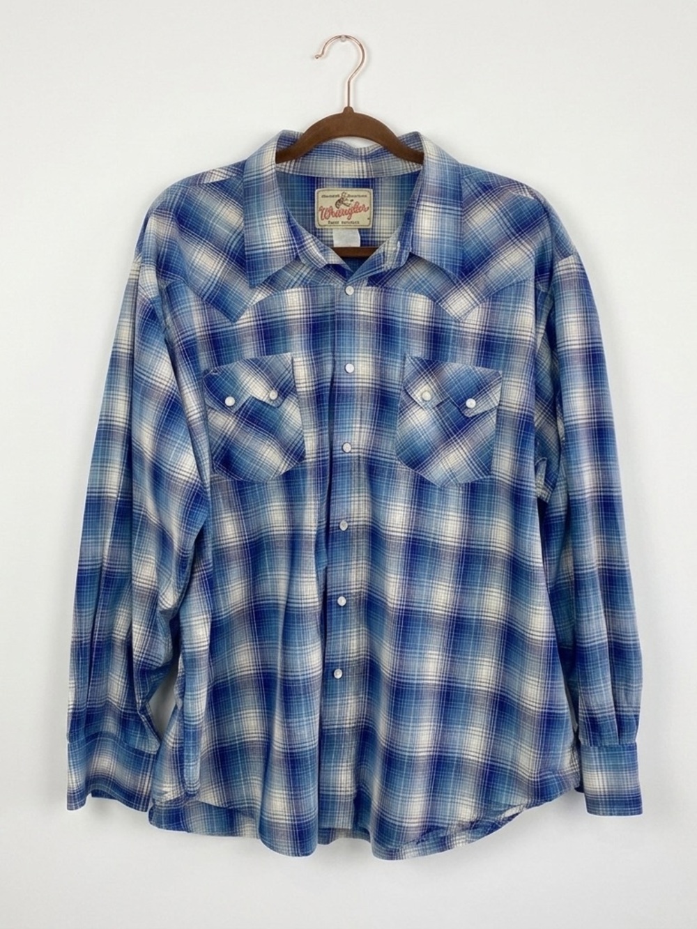 Vintage Wrangler Western Pearl Snap Shirt Blue Shadow Plaid Metallic Large / XL